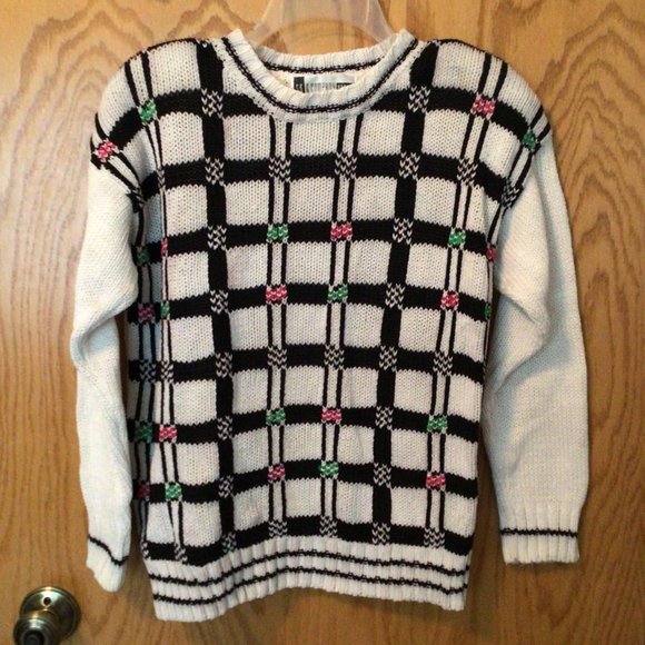SK & Company Sweaters - SK & Company - Vintage Black & White Checked Pullover Sweater with Pink & Green